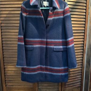 LOFT Women's Navy and Red Striped Pea Coat